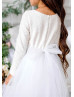 White Sequin Tulle Flower Girl Dress Modest Gown